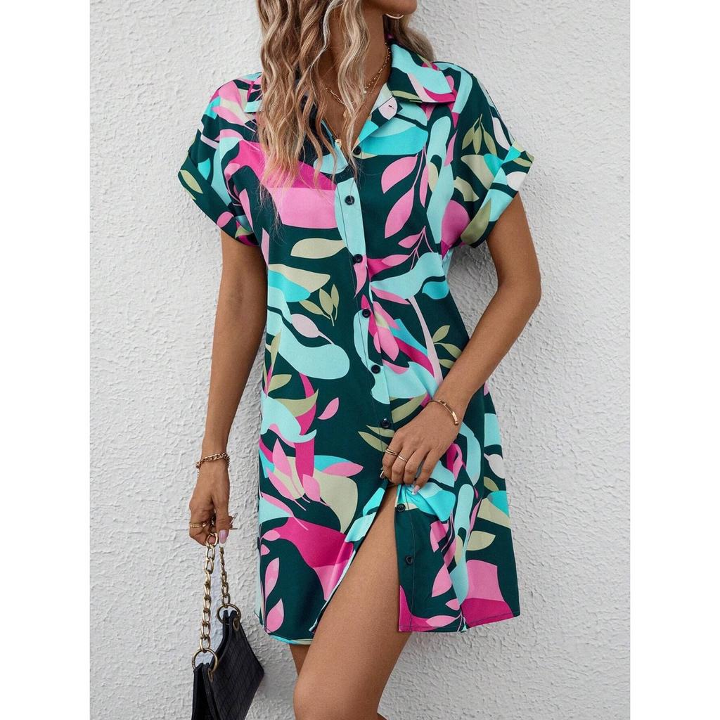 IHUASU Women's Summer Fashion Color Floral Print Cardigan Short Sleeve Shirtdress