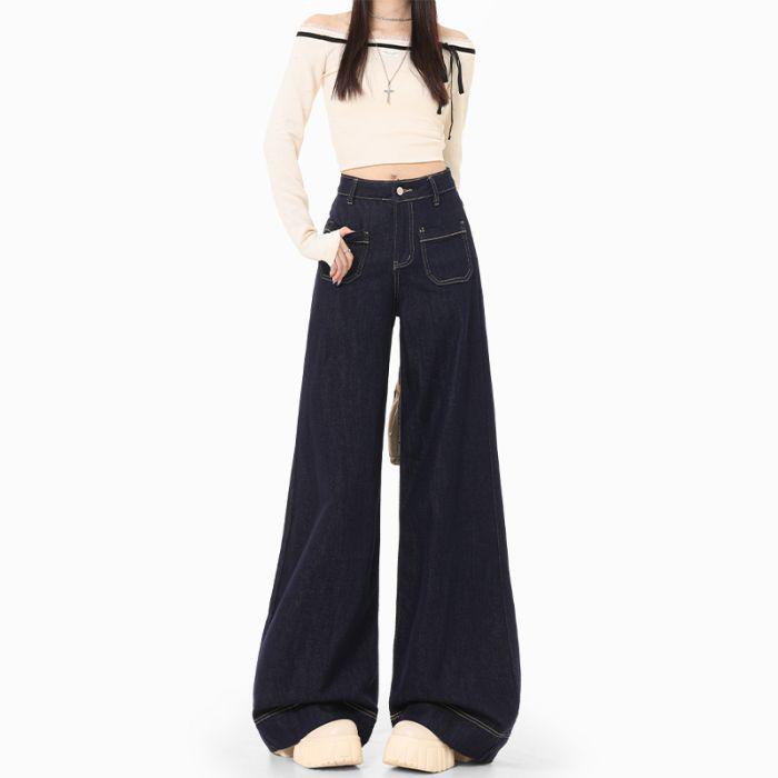 Women s Spring 2025 Retro High-Waisted Wide-Leg Denim Jeans - Slimming and Floor-Length Medium