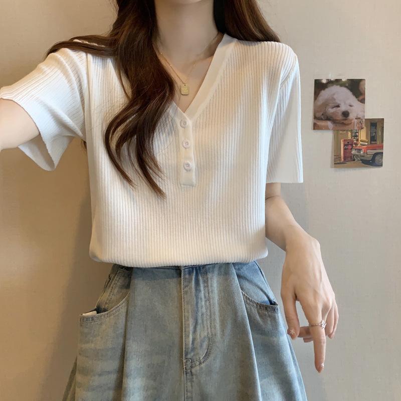 

Футболка с короткими рукавами из ледяного шелка спереди на плече для женщин, летняя, новая, для похудения живота, с V-образным вырезом, скрывающая плоть one size fits all белый