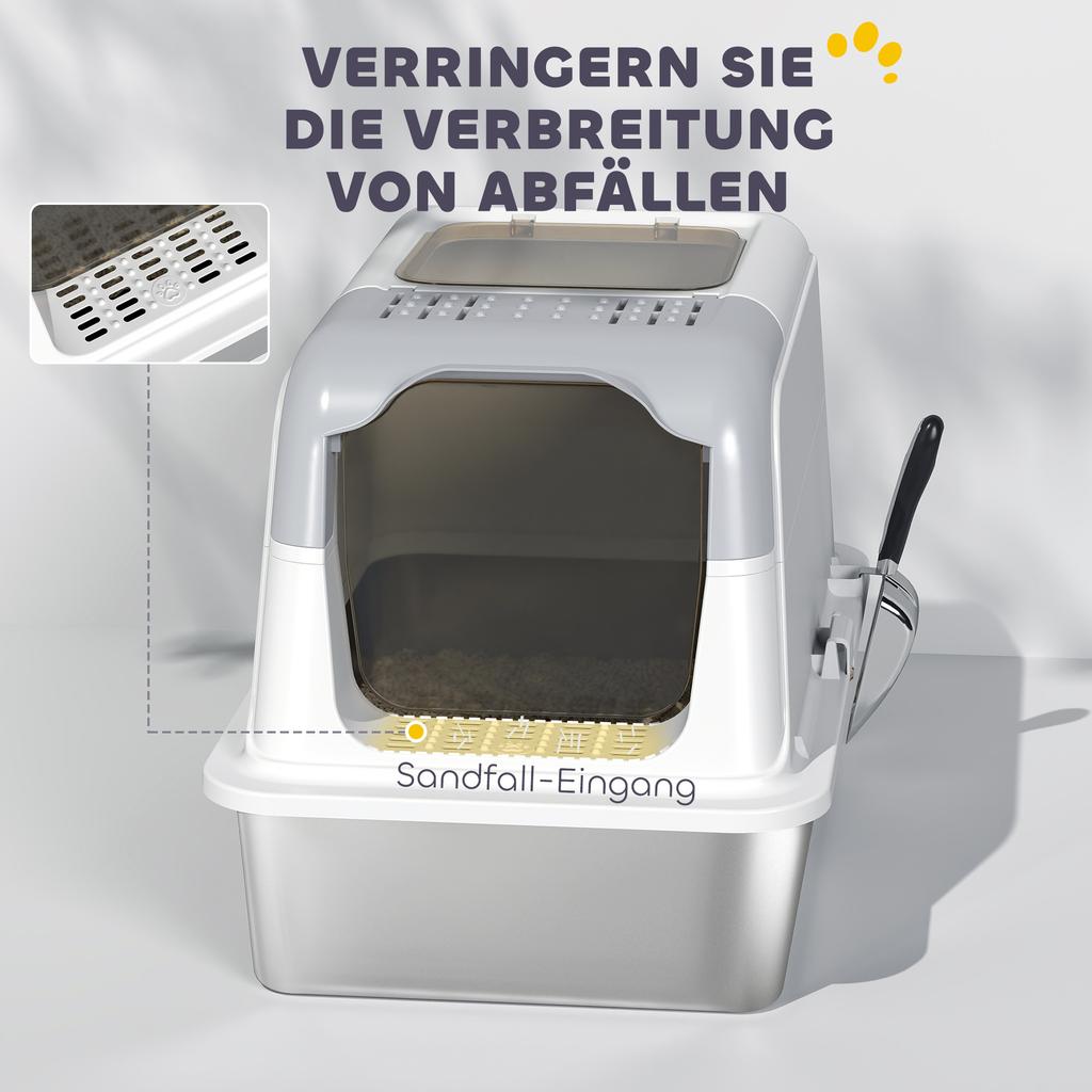 Extra Large Stainless Steel Litter Box, Enclosed Cat Litter Tray with Scoop, Deodorizer Bag, Front-Entry and Top-Exit