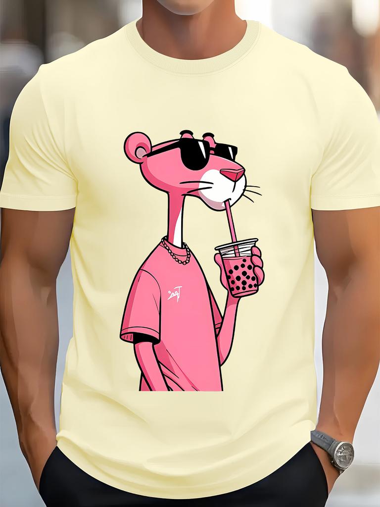 [ Retro Hiphop Tee] Casual  T-Shirt - Milk Tea Leopard Print, Crew Neck, Short Sleeve, All-Season Knit Fabric, Regular Fit