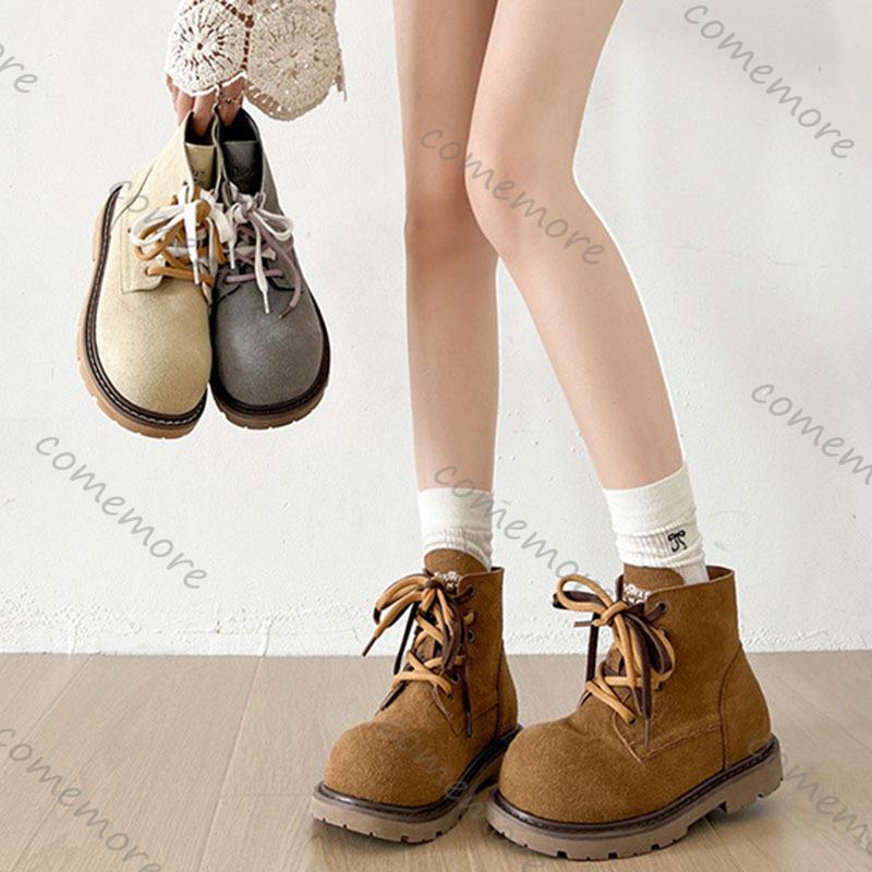 Fashion Comemore Retro Flache Stiefel für Damen Wildleder Schnürung Mode 2025 Herbstschuhe Goth Uni Chelsea Runde Zehe Damen Stiefeletten