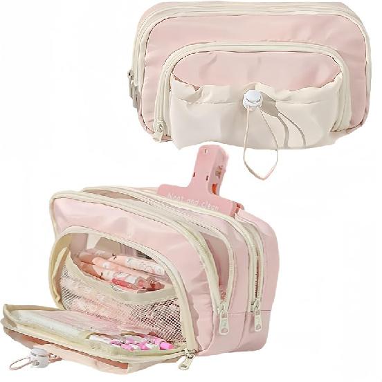 Pencil Case Big Capacity Pen Holder Large Opening Pencil Pouch Box Cute Aesthetic Drawstring Pen Case (Strawberry Pink) Strawberry Pink