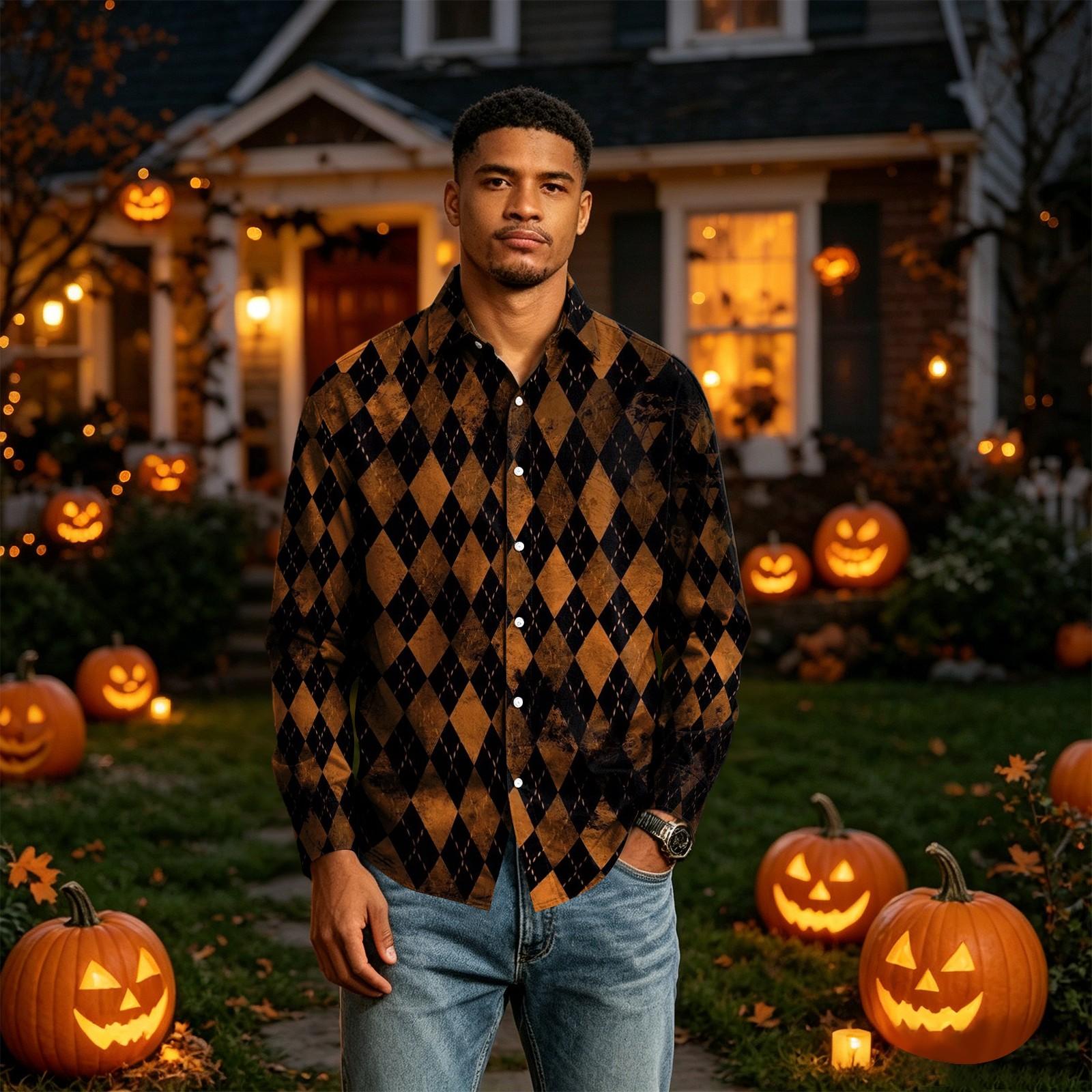 Men s Long Sleeve Halloween Printed Button Down Shirt XXXL розовый