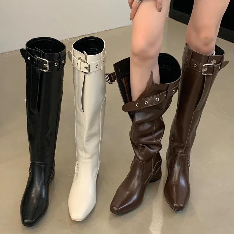 Eilyken New Wedges Heels Women Knee High Boots Designer Belt Buckle Long Booties Street Winter Shoes Zapatos De Mujer