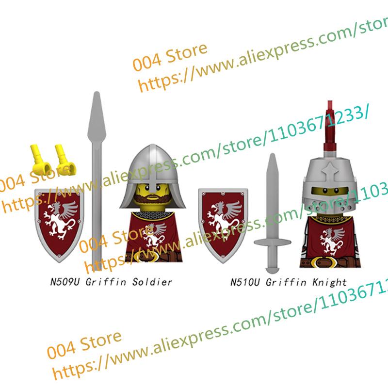 N511U-518U N335-337 Mittelalterliche Burg Ritter Bausteine Figuren Vierseitiger UV-Druck Waffen Zubehör Spielzeug Kindergeschenke F030