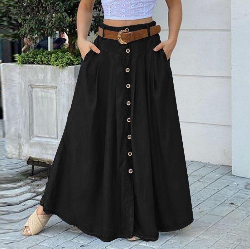 

High-waisted Loose-fitting Dress With Slimming Featuring Pockets And Buttons, A-shaped Full-length Skirt For Casual Vacation Wear. XL