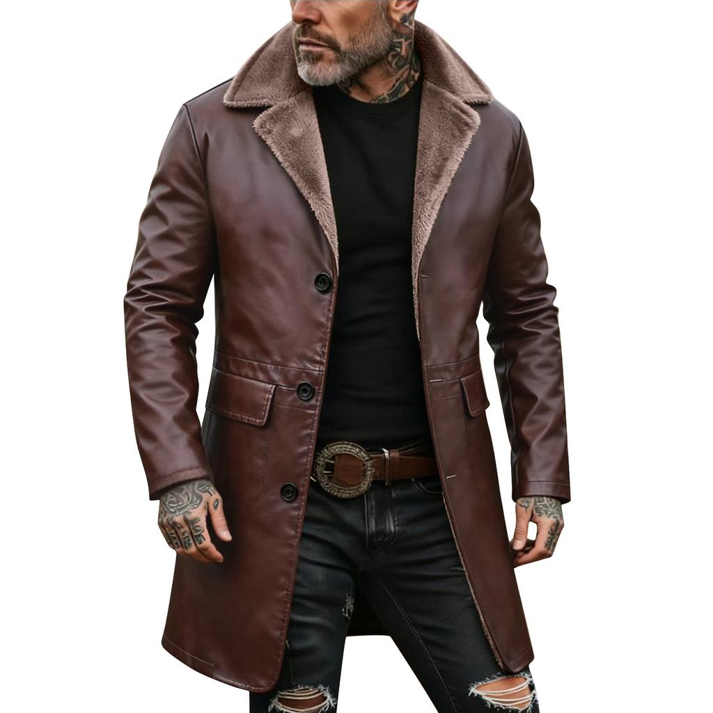 Men's Solid Color Button Pocket Work Wear Plus Velvet Leather Jacket Men's Casual Long Coat
