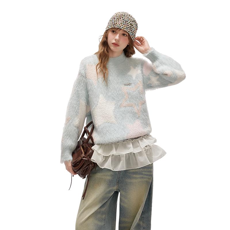 

UNIFREE Women s Star Jacquard Mohair Pullover Sweater One Size