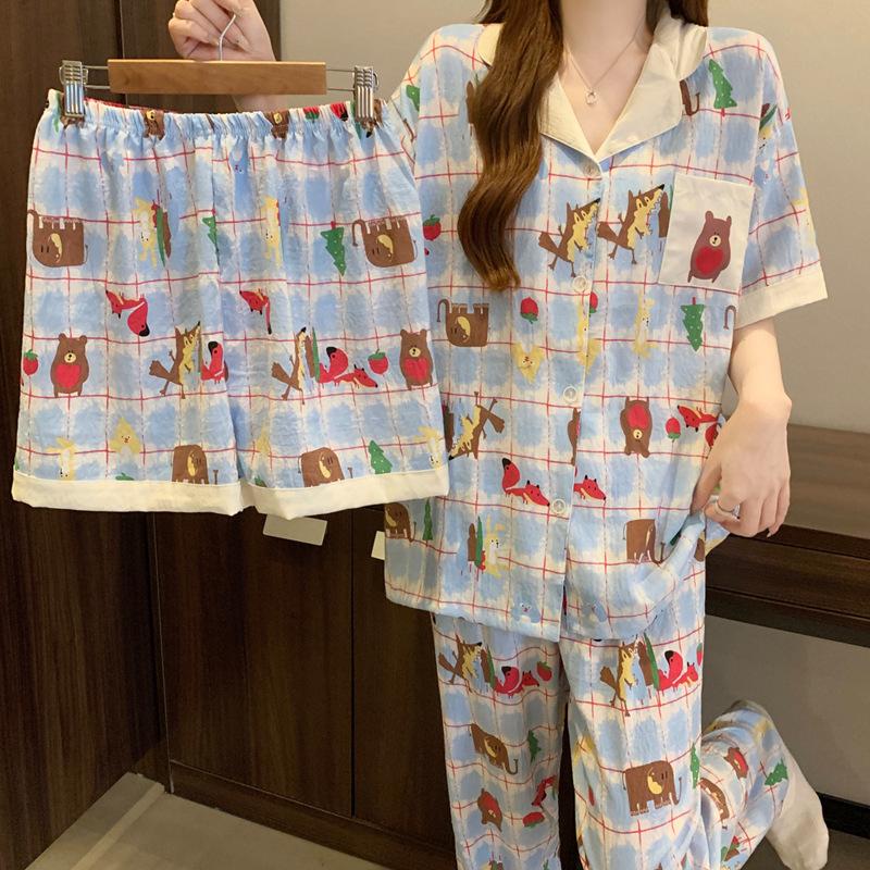 Animal Paradise Plaid Contrast Cloud Cotton Pajamas Women'S Summer Short Sleeve Casual Sweet Three-Piece Loungewear