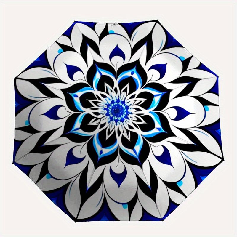 

1pc Blue Floral Mandala Automatic Open/Close Umbrella, Portable Folding umbrella for Everyday Use y250826067