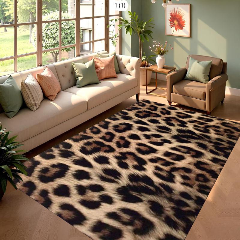 Leopard Print Area Rug Faux Fur Texture Non-Slip Durable Decorative Carpet for Living Room Bedroom Entryway Modern Home Decor