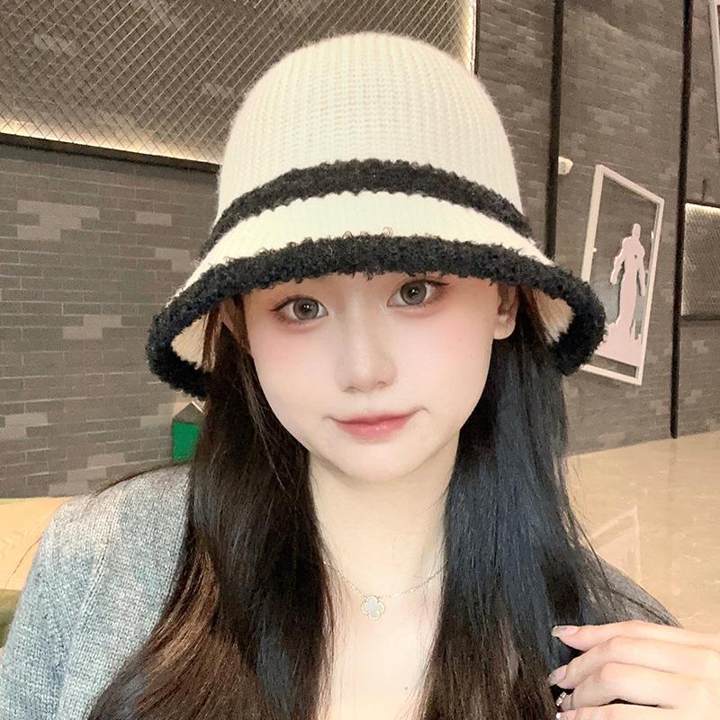 Knitted bucket hat women's new autumn and winter lamb plush color matching bucket basin hat versatile thermal shade basin hat