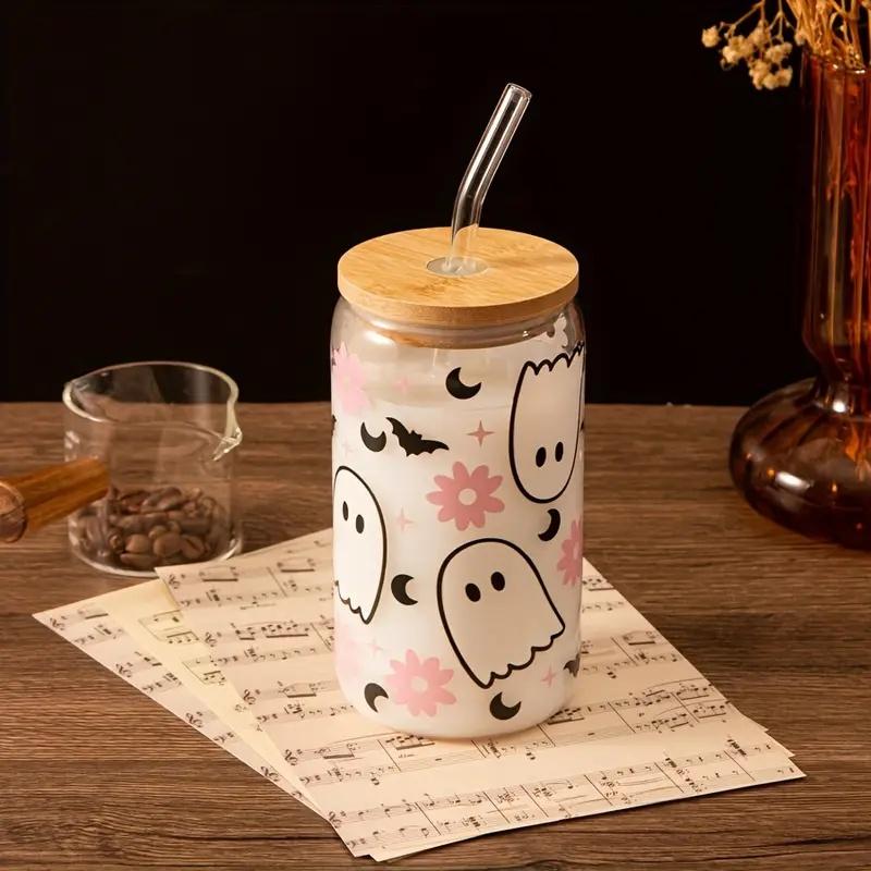 4 Set of 550ml/18.7oz Halloween Glass Jar with Bamboo Lid and Straw - Perfect for Cold Drinks, Suitable for Juice, Milk, Etc.