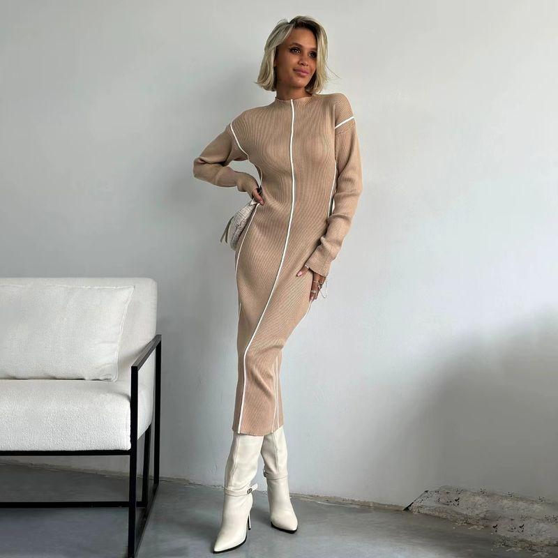 

Новое поступление Французский ленивый стиль Водолазка Полоски Контрастный цвет Вязаное платье Полосатое вязаное платье Khaki S