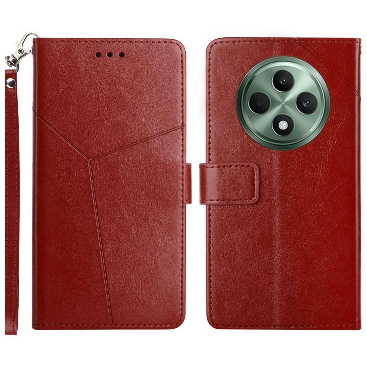 

For Oppo Reno12 F 5G Case with Wrist Strap Y Shaped Lines Imprint Leather Phone Cover Brown