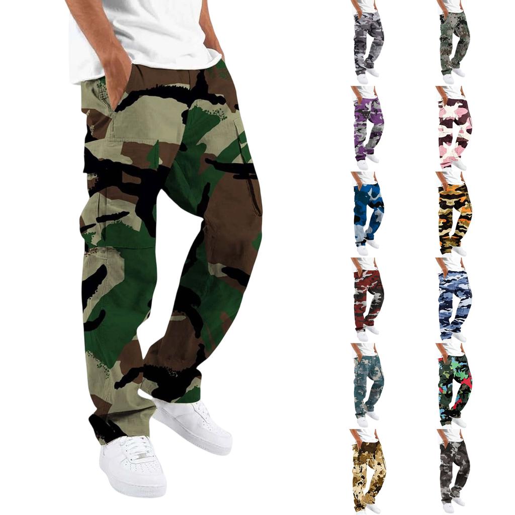 Men Drawstring Elastic Waist Cargo Pants Four Pockets Digital Print Loose Fit Long Trousers for Daily Outdoor Wear