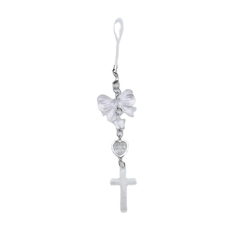 Sweet Cute Bow Keychain Beaded Phone Lanyard Strap Charms Cross-Pendant Phone Chain Anti-Lost For Women Girls Gift