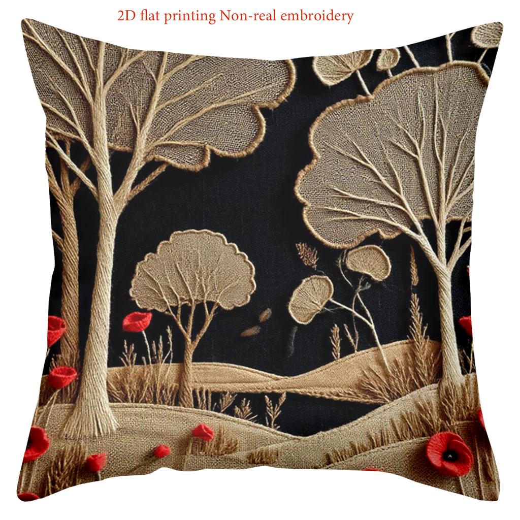 2D Flat Printed Poppy & Tree Pattern Non-real Embroidery Pillows Polyester pillowcase, sofa cushion cov Headboard Pillow