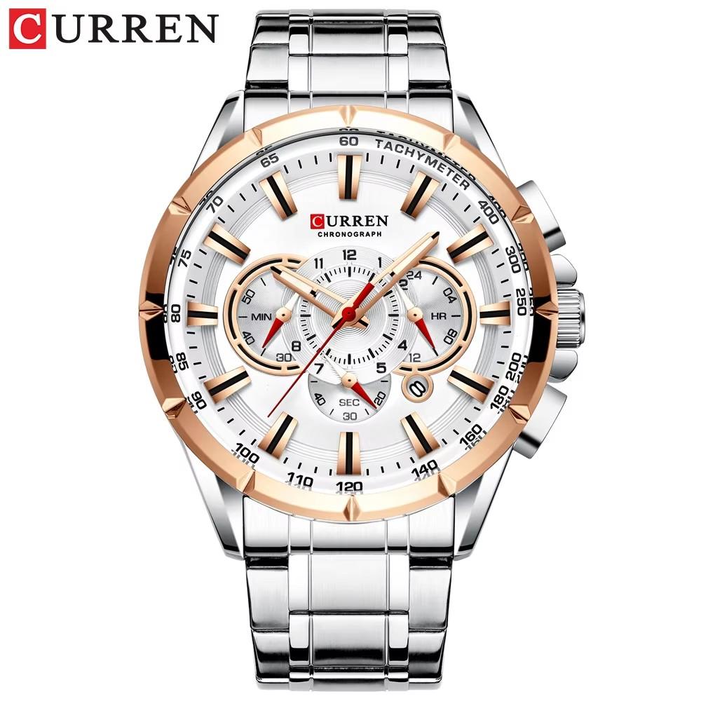 

CURREN Casual Sport Chronograph Men s Watch Stainless Steel Band Wristwatch Big Dial Quartz Clock білий/Яскраво-рожевий