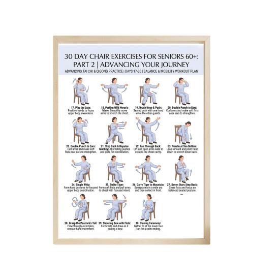 2Pcs Chair Exercise for Seniors 30-Day Plan Poster Seated Tai Chi Workout Chart for Elderly Low Impact Mobility Fitness