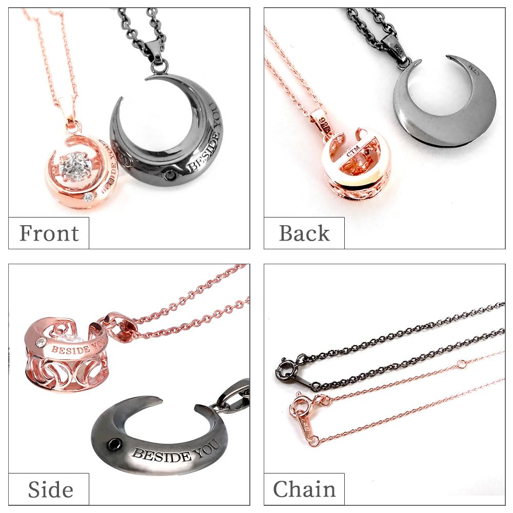 Close to Me Pair Necklace with Teddy Dancing and Moon and Matching Silver Bear, Stone, Diamond, Motif, Men's Women's, Accessories, 925, SN13-193-222