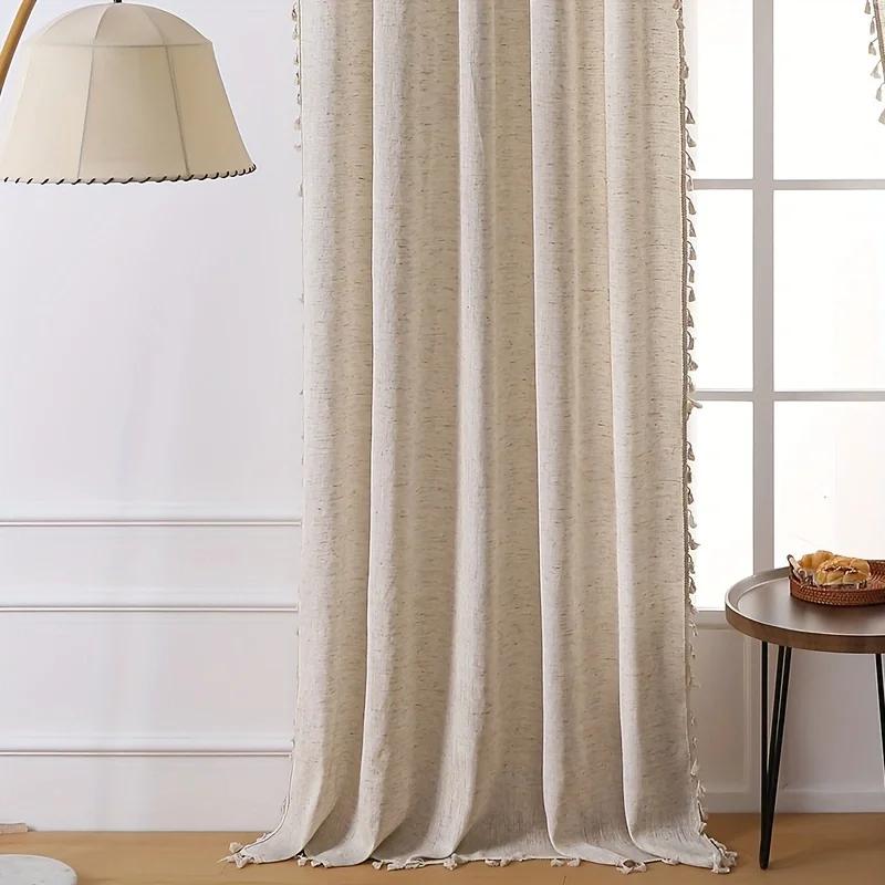 Solid Color Linen Plus Fringe Curtains Living Room Bedroom Balcony Semi-Blind Curtains, French Rustic Style Curtains