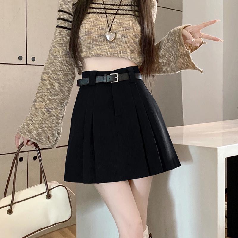 2026 Autumn/Winter Korean Academy Corduroy High-Waist A-line Pleated Skirt