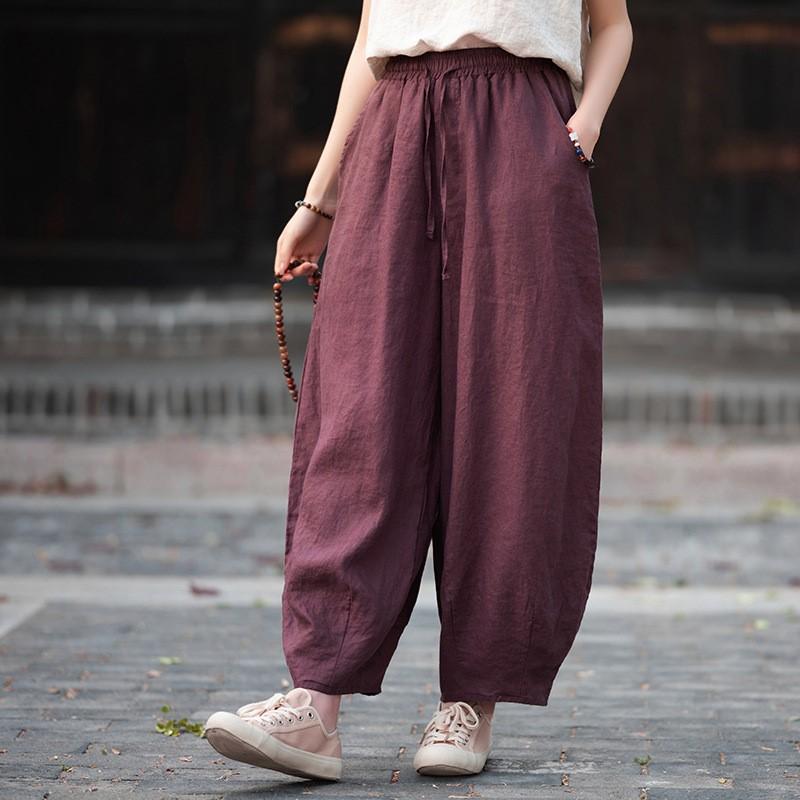 Johnature Vintage Women Bloomers Pants Solid Color Autumn Loose Trousers Elastic Waist Soft Female Ankle-length Pants