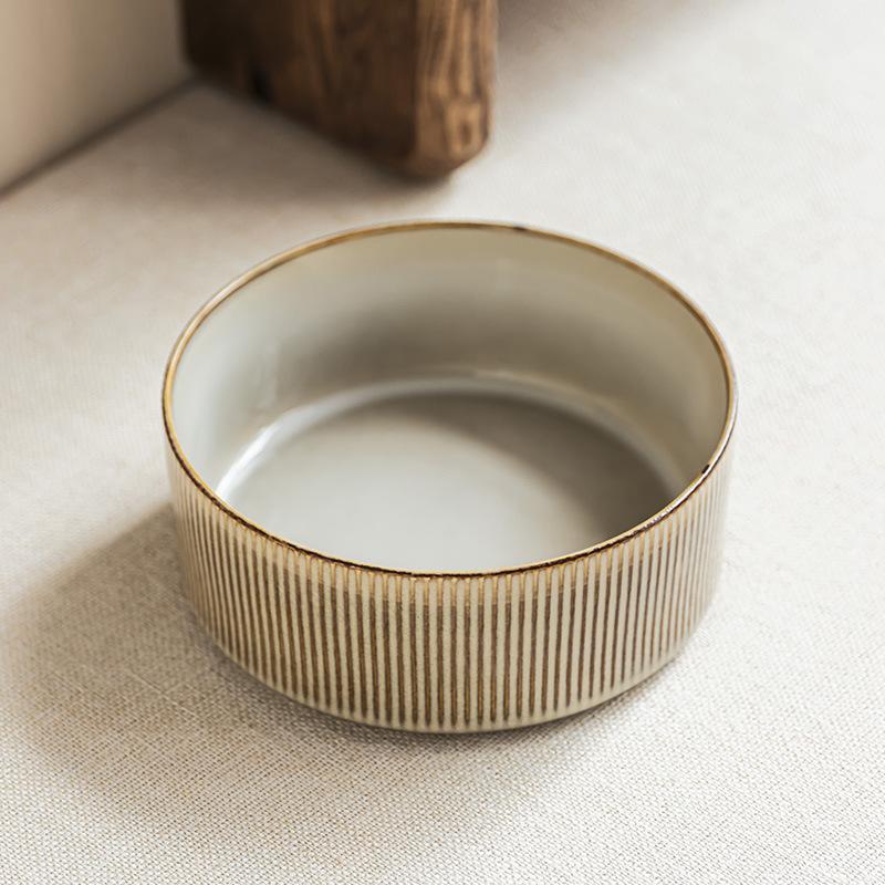 Kiln Change Straight Bowl Japanese Vertical Pattern Ceramic Bowl Household Tableware Round Bowl Noodle Bowl Vegetable Bowl Fruit Salad Bowl