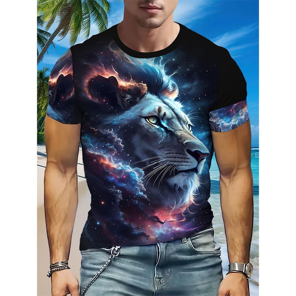New Fashion Men's Crew Neck Short Sleeve T-Shirt with 3D Wolf and Dragon Print, Men's Casual Sports Streetwear Top