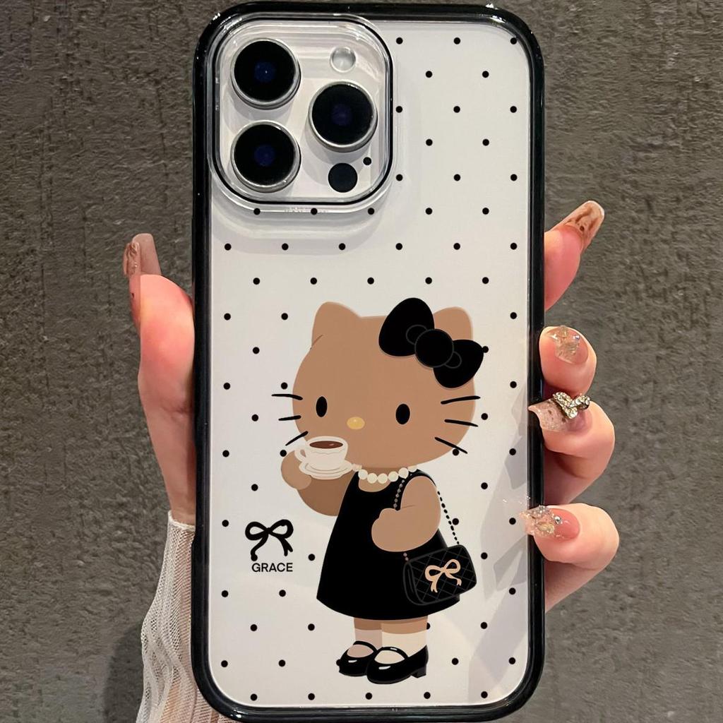 Coffee Kitty Transparent Phone Case for Apple 17ProMax, 16ProMax, 17Pro, 15, 14 with Black Edge - Cute Design
