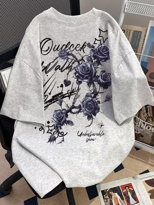 

New Fashion Niche Rose Loose Trendy Summer Tshirt 100 Cotton Cool Comfortable Versatile Adult Mens Daily Wear Soft Breathable 4XL