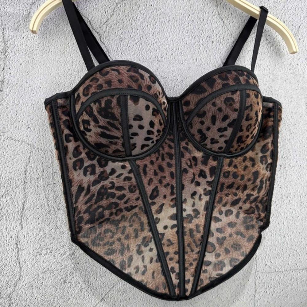Slim Fit Leopard Print Fishbone Camisole Buckle Elegant Suspender Vest Sleeveless with Padded Cups Slim Leopard Corset Ladies