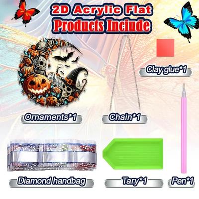 Kit de Pintura de Diamantes de Halloween - Diseño de Luna Creciente con Taladro Completo con Pedrería de Calabaza, Calavera y Murciélago, Manualidad DIY para Principiantes