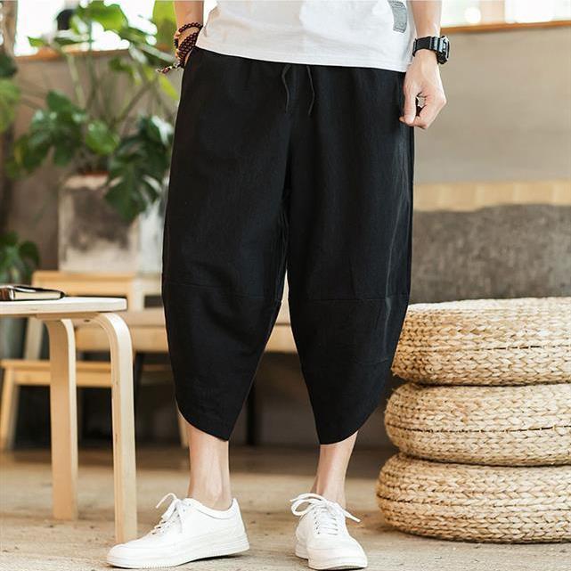 Atmungsaktive Herren-Caprihose aus Leinen mit elastischer Taille, lockere Strandshorts