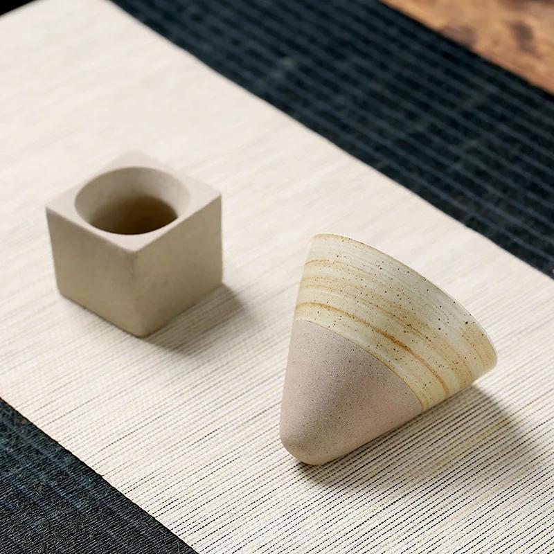 1pc 3.38oz Retro Conical Tea Cup with Base Coarse Pottery Coffee Cup Japanese Style Water Bottle for Home Office Drinkware Gifts