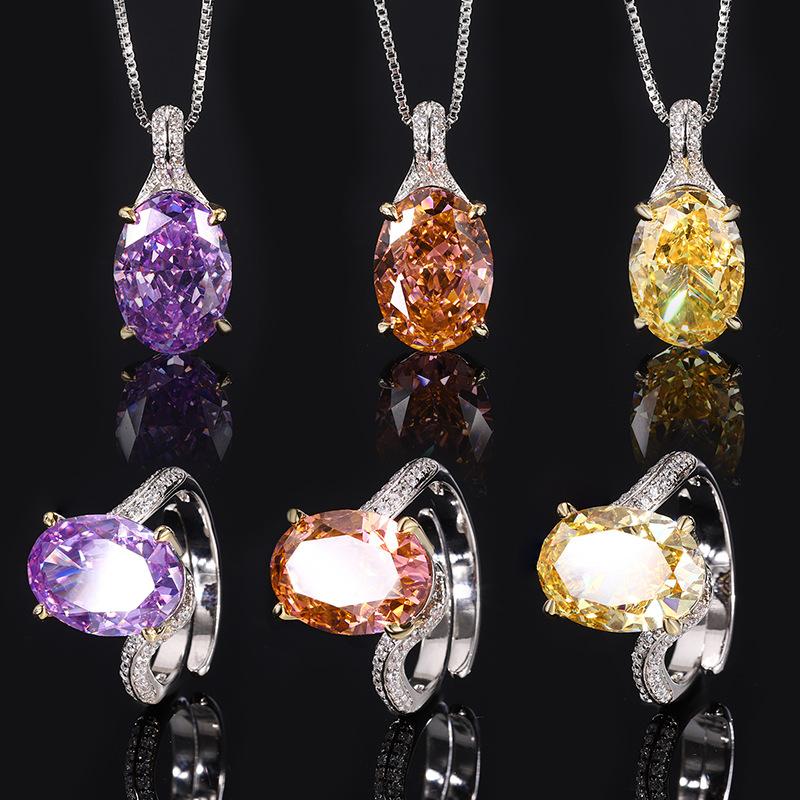 Jewelry Copper Bottom Gold-plated High-carbon Diamond Ice Flower Cut Pigeon Egg Copper Setting Set Female 10 * 14