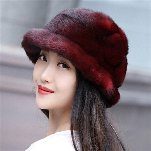 100% Mink Fur Bucket Hat Beanie For Girls Soft Thickened Furry Beret Ladies Hat Elegant Winter Outdoor Windproof Warm Hat