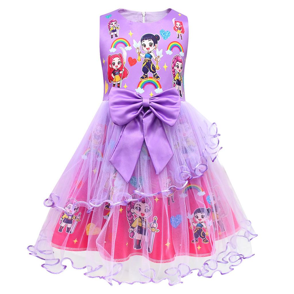 82993 Kid Girls Kpop Demon Hunters Sleeveless Bow Mesh Dress