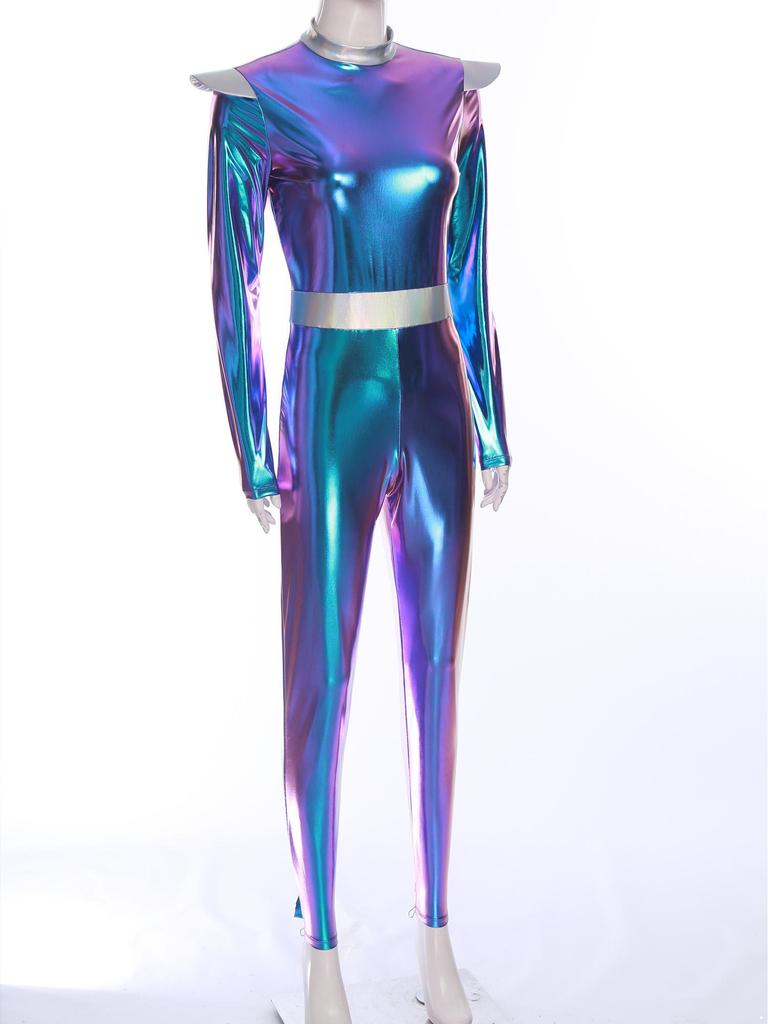 Women's Halloween Space Cadet Costume Long Sleeves Jumpsuit Dance Unitard for Rave Party