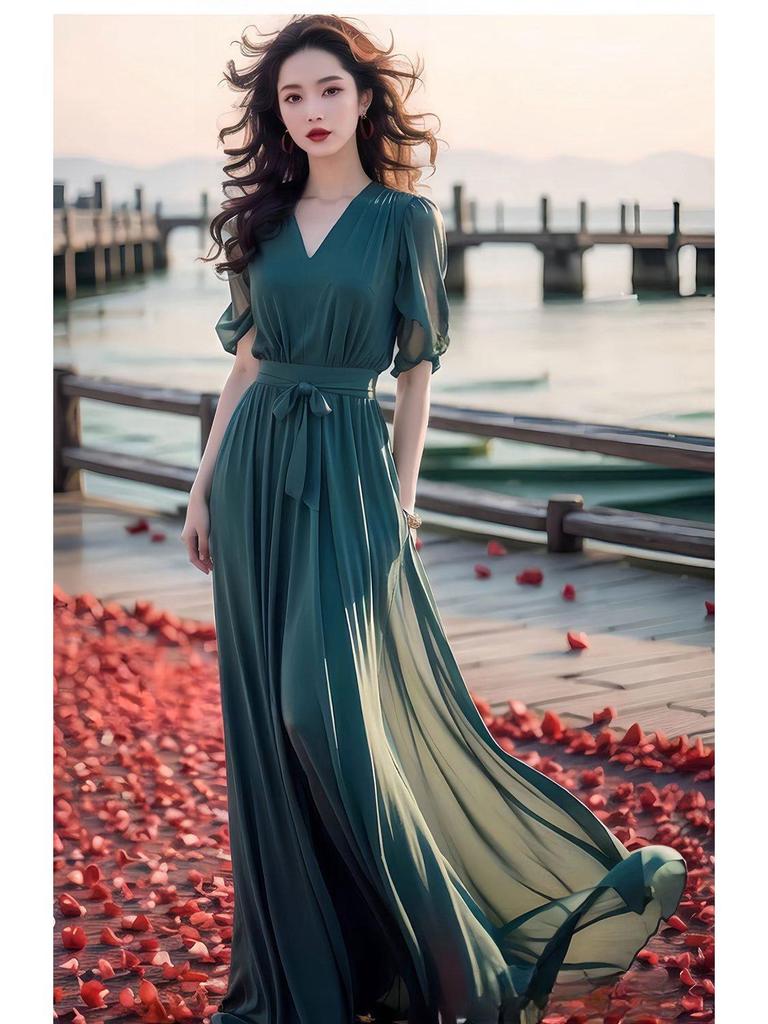 Stylish Green Chiffon Ankle-Length Beach Dress - 2025 Summer Collection