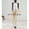Vacation Style Back Slit Tops 3564123 Linen Blend Pleated Wide Leg Casual Trousers 3479848