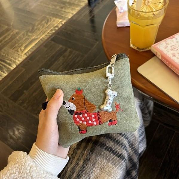 Cute Suede Dachshund Card Holder & Storage Bag for Earphones, Lipstick & More.