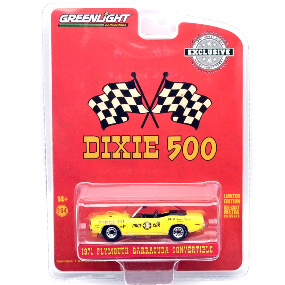 GREENLIGHT 1/64 Scale 1971 Plymouth Barracuda Convertible - Dixie 500 Pace Car by Kelly Chrysler зелёный