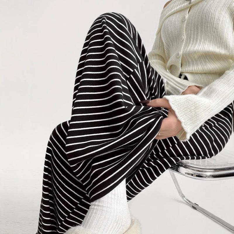2025 Women's Black Stripe High Waist Wide Leg Pants - Spring/Autumn, Slimming & Casual