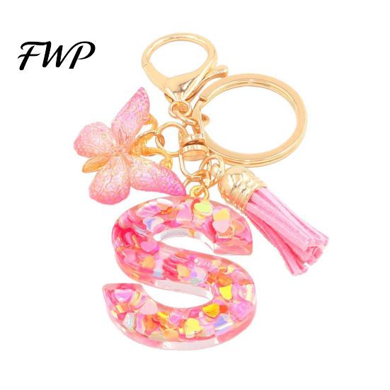 Initial Letter Charm Keychain Pink Series Pendant, Sequins Heart Key Chain with Holder Pendant Butterfly Tassel Design, A-Z for Bag Purse Backpack