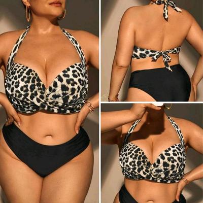 Costume da bagno con stampa leopardata, scollo a V, allacciatura al collo, taglie forti, vita alta, costume da bagno da donna, due pezzi
