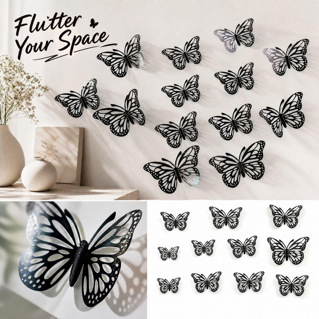 Butterfly Wall Stickers 12 Pack, 3D Hollow Single Layer Cutout, Party Decoration for Home Room Decor