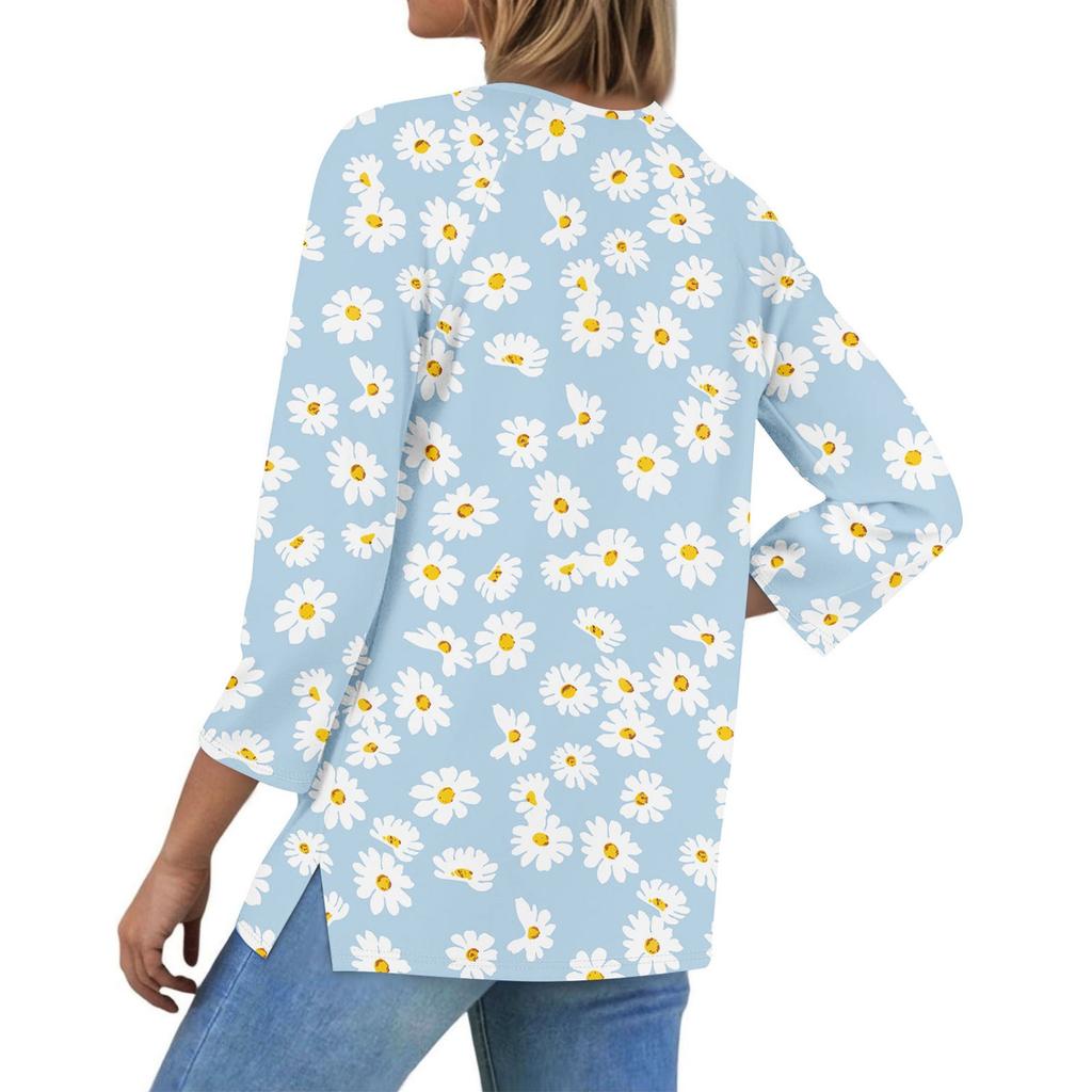 Women's Casual Fashion V-neck Loose Versatile Floral Print Three-quarter Sleeves